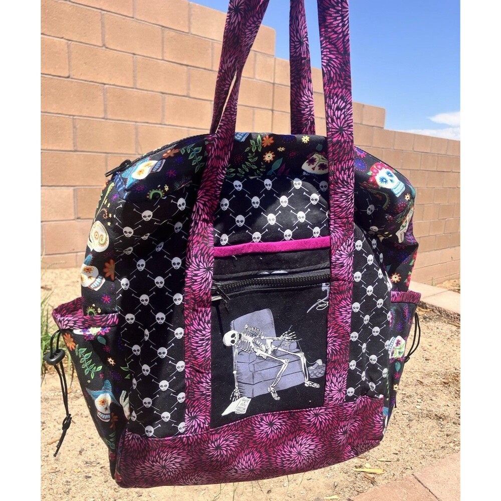 Large Knitting Tote Travel Bag Day Of The Dead Multiple Pockets 2 Straps